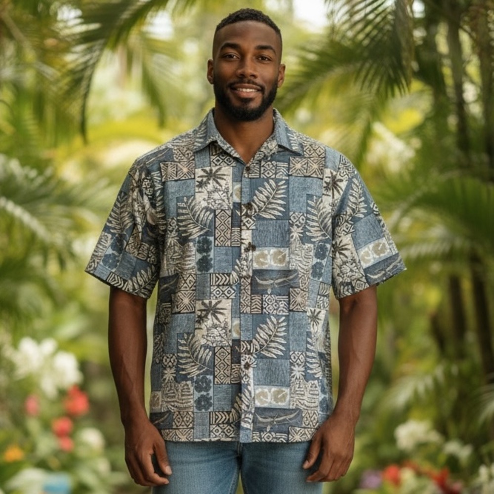 Hilo Hattie Hawaiian Shirt Mens Small Blue Patchwork Tropical Aloha Button Up